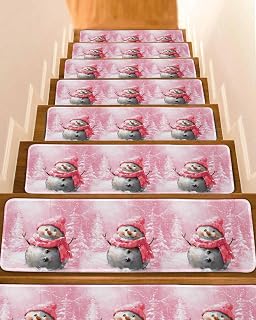 Carpet Stair Treads for Wooden Steps 7 Pack, Pink Snowman Merry Christmas Soft Peel and Stick Stair Treads, Snow Scene Oil Painting Art Non Slip Carpet Mat for Kids Elder Pet