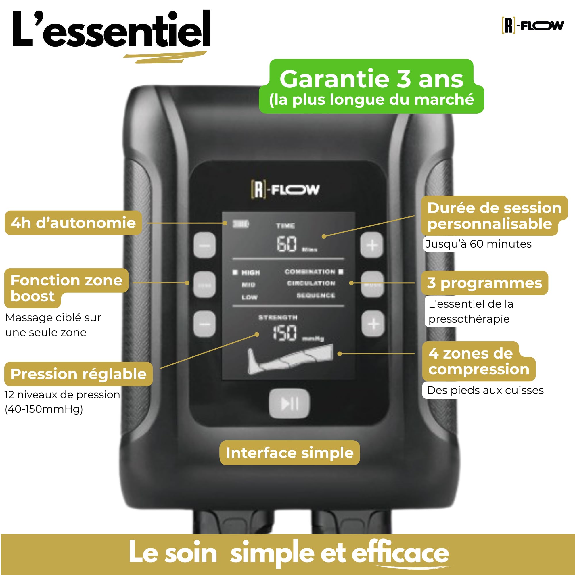 [R]-FLOW Bottes de Pressothérapie 4 Zones | 3 Programmes Essentiels | Jambes Lourdes & Rétention d’Eau | Récupération Musculaire | Sans Fil, Portable | Garantie 3 Ans | Idée Cadeau Fête des Pères