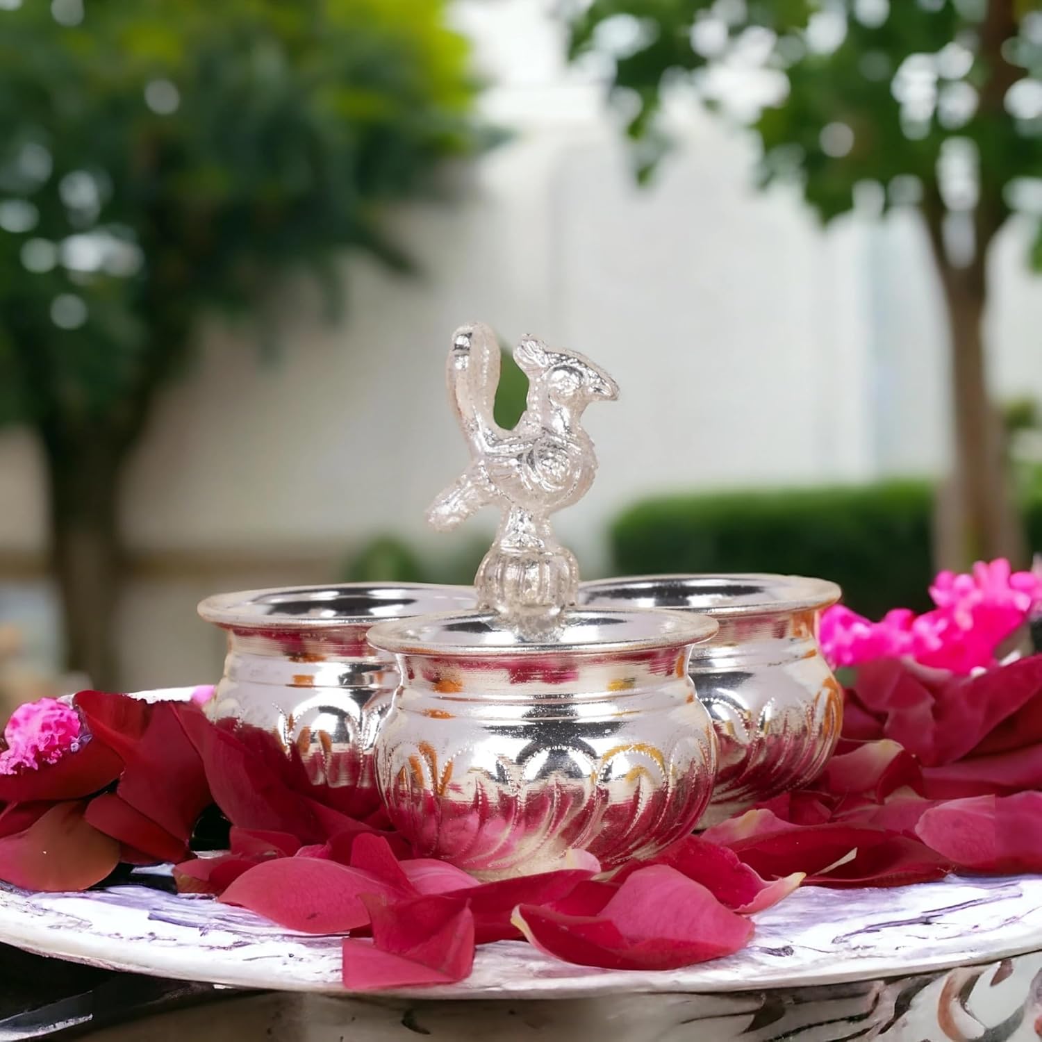 Traditional Indian Kumkum & Chandan Holder – German Silver 3-Cup Pooja Container with Peacock Handle for Hindu Prayer, Home Temple & Festive Decor K2569