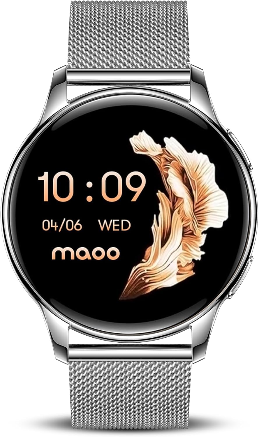 Maoo Ventura Smartwatch Damen 1,32 Zoll AMOLED Display Herzfrequenzmesser SPO₂ Blutdruckmesser IP67 wasserdicht 5 Armbänder Silber