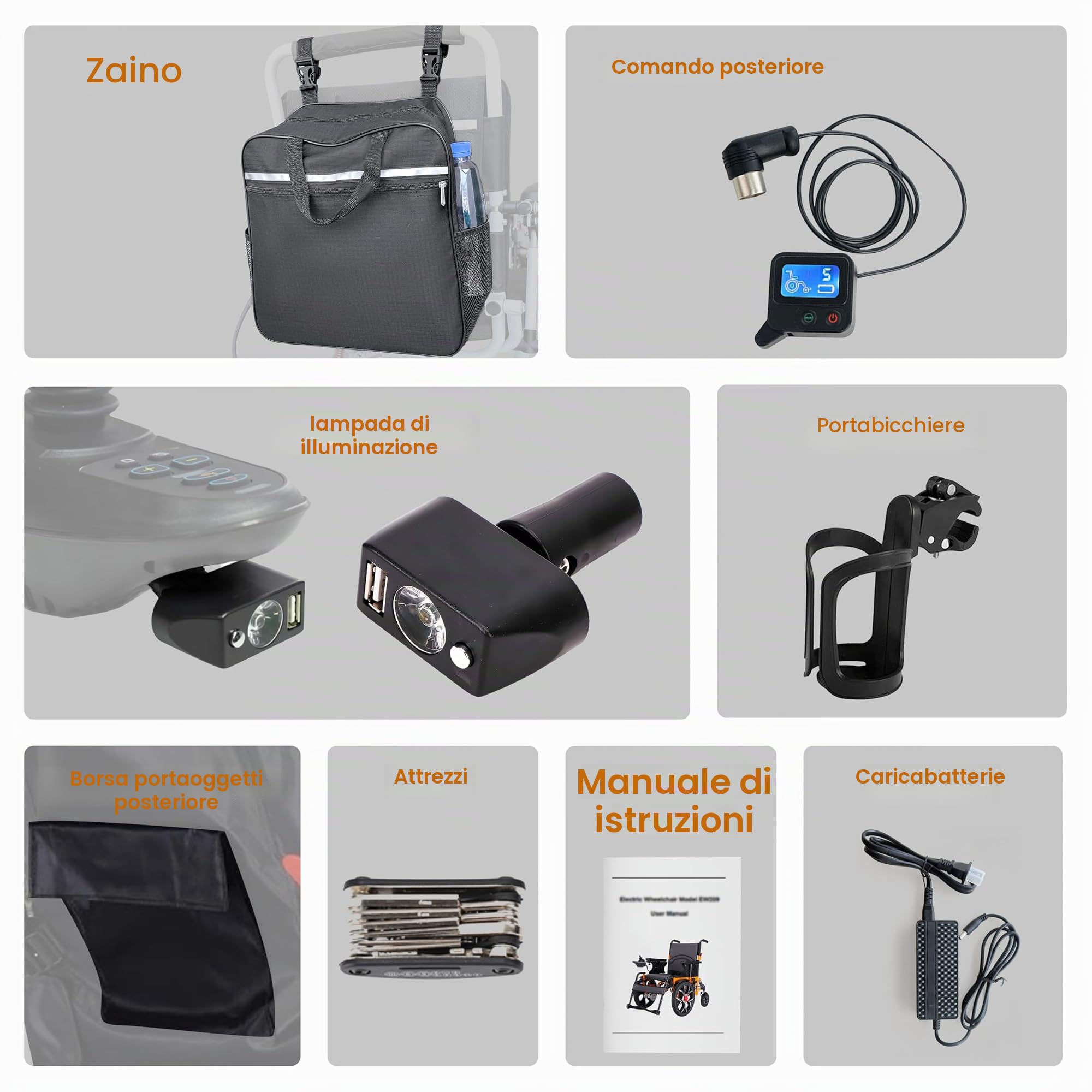 Sedia a rotelle elettrica pieghevole con luce a LED, portata fino a 150 kg, larghezza 50 cm, pieghevole, leggera, elettrica a rotelle