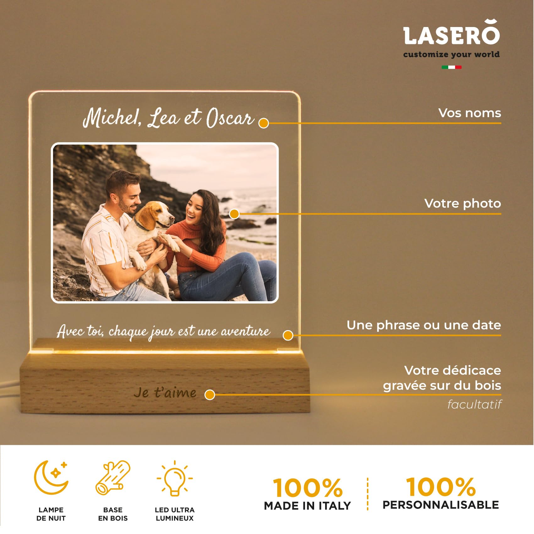 LASERO' Cadre Photo Personnalisé - Impression UV sur Plaque Personnalisée en Acrylique Rectangulaire avec Socle en Bois LED | Lampe Personnalisée avec Photo, Cadeau Homme, Femme, Couple