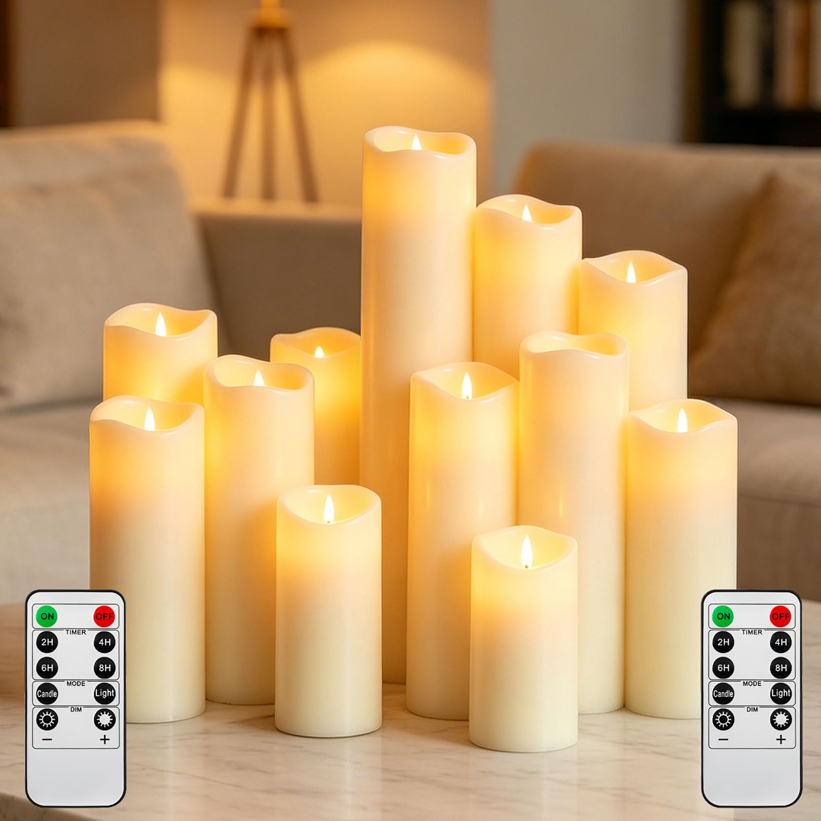 12 Pack Ivory Paraffin Wax Flameless Candles, Realistic Flickering LED Pillar Candles with Remote Control, Battery Operated Soft Warm ambient Lights for Home, Wedding, Party Indoor Outdoor Decoration โ image 1