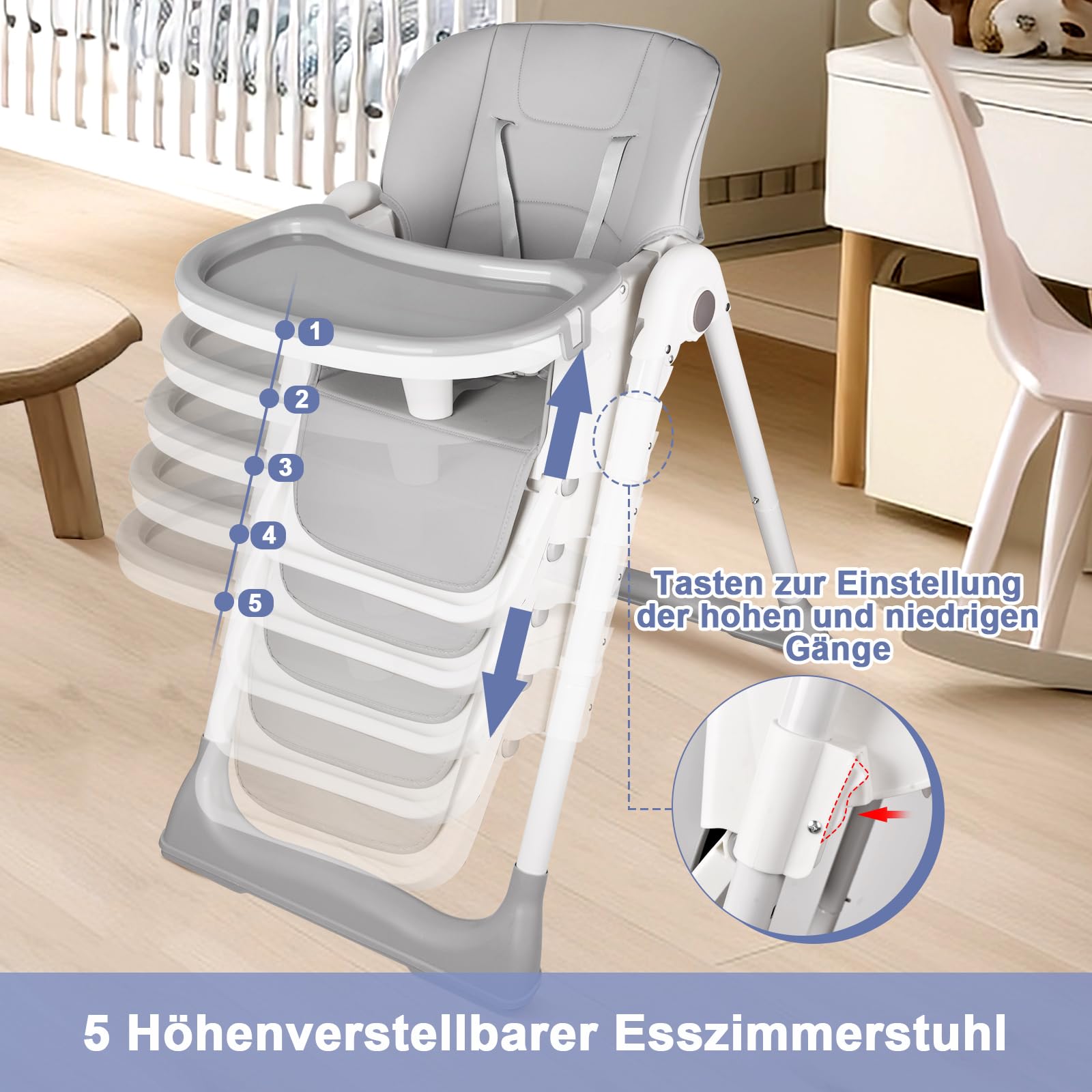 Hochstuhl Baby, Kinderhochstuhl mit Babyliege, Verstellbar Klappbar Hochstuhl Baby mit Essbrett,Korb, mitwachsend ab 6–36 Monate Jahre Babystuhl,Grau