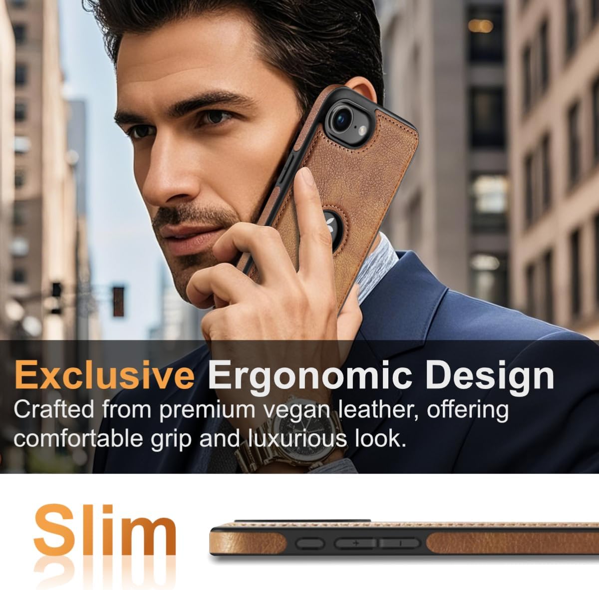 for iPhone 16E Leather Case with Hidden Alloy Stand, Logo View Vintage Leather Protective Kickstand Phone Cover 2025 6.1 Inch (Brown) - Image 2