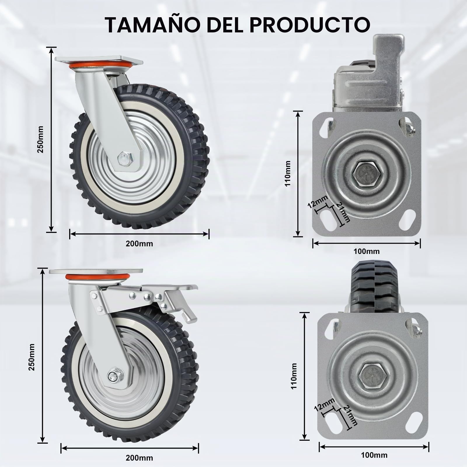 DBREAKS Ruedas para cargas pesadas, ruedas de transporte de 200 mm de diámetro, 4 ruedas giratorias con freno, ruedas de goma maciza de 360°, 2000 kg para mesa de soldadura