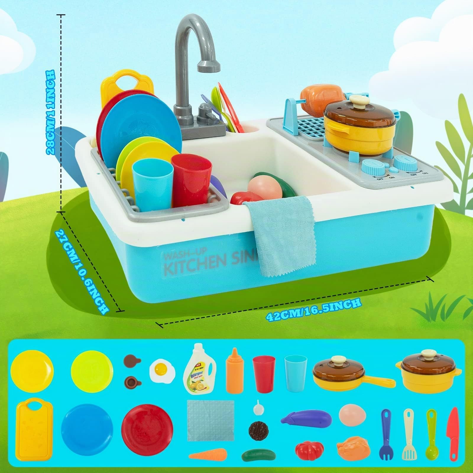 Jouets de Cuisine, Jeu d'évier avec Circulation d'eau et Gril, Robinet Eau Enfant, Jouets Alimentaires pour Enfants Garçons Filles de 3+ Ans