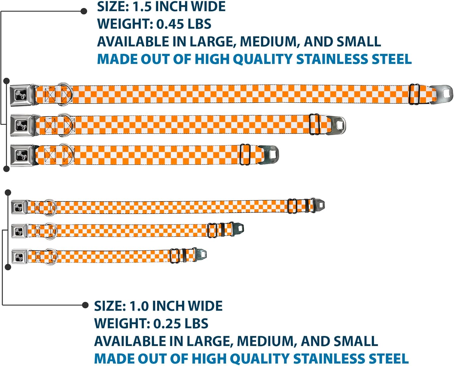 Buckle-Down Checker White/Tan Orange Dog Collar Bone, Wide Large/18-32"