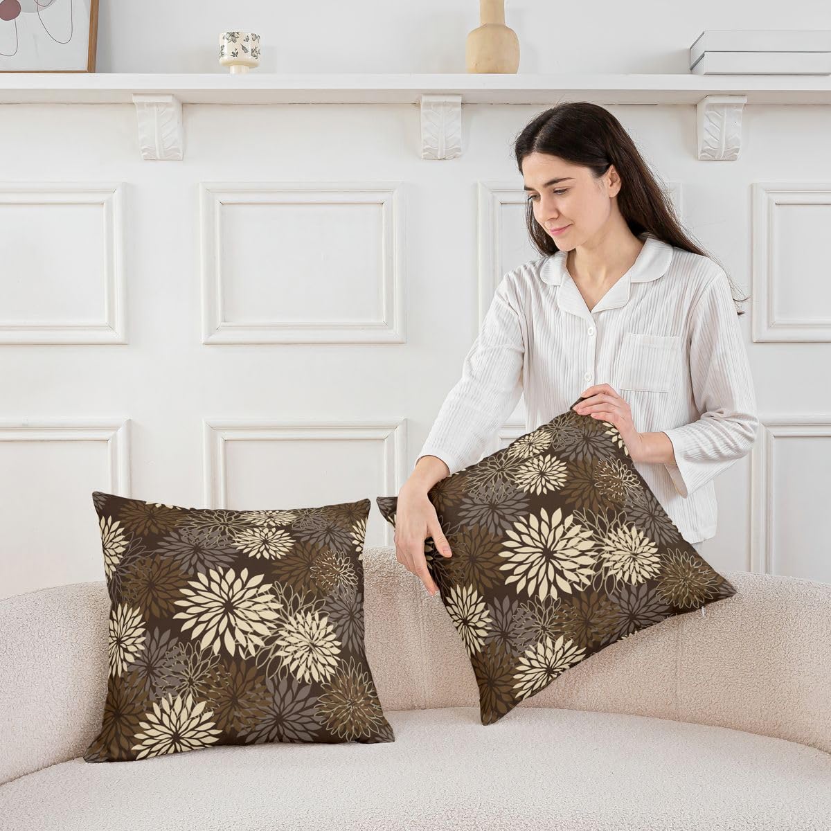 Homemissing Boho Floreale Federa per Cuscino Set di 4 Dalia Floreali Federe Quadrate Federe Farmeri Marrone Scuro Copricuscino per Divano Divano Camera da Letto Decorazione 45 x 45 cm