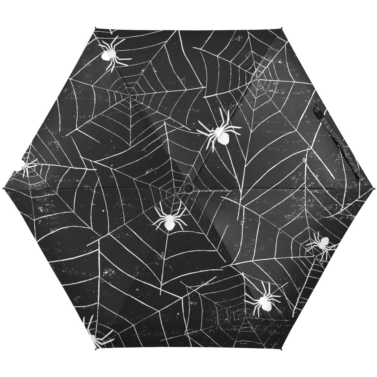 Oyihfvs Retro Halloween Black White Spider Webs with White Spiders on Black Parasol Folding Umbrella, Reinforced Windproof Waterproof, Portable Compact Anti-UV Sun Rain Protection for Travel Outdoor