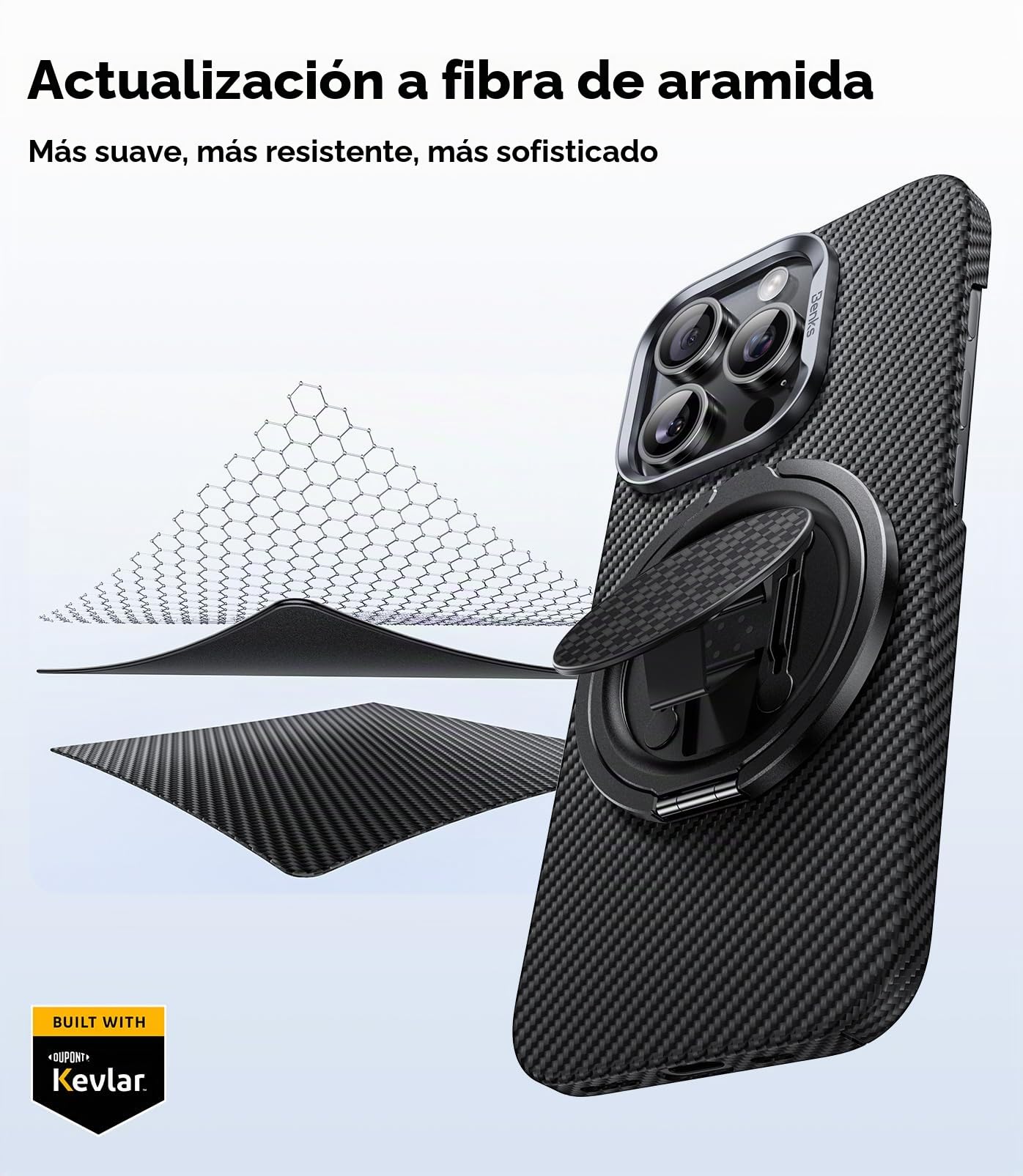 BENKS Soporte y Agarre Magnético para MagSafe – Anillo 360° Rotación de Fibra de Aramida, Liviano y Resistente, Compatible con iPhone 17/16/15/14/13 Pro MAX y MagSafe Fundas