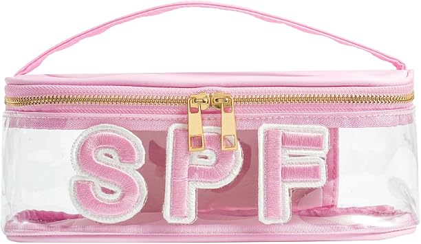 RSRSLEII Clear Waterproof Summer SPF Makeup Bag,Aesthetic Transparent Letter Patch Cosmetic Bag with Metal Zipper, Preppy Sunscreen Accessories Storage Organization, Beach Travel Purse01SPF Pink