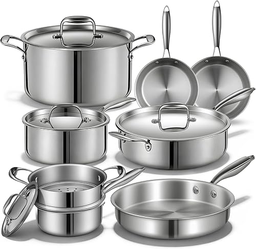 EWFEN - Juego de ollas y sartenes de acero inoxidable de triple capa, juego de utensilios de cocina de inducción de 12 piezas, apto para horno y