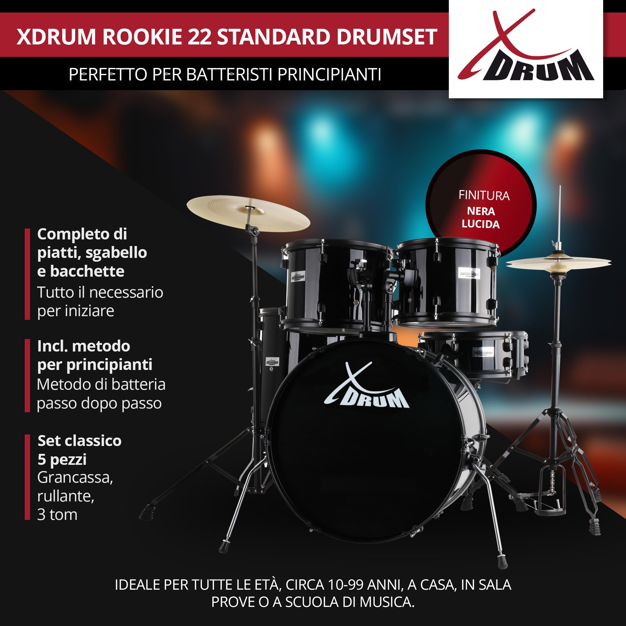 XDrum Rookie 22" Standard Batteria Completa Black - Ideale per Principianti - Hardware Elegante in nero - Incl. Bacchette 5B, Istruzioni di Montaggio e Scuola di Batteria - Nero