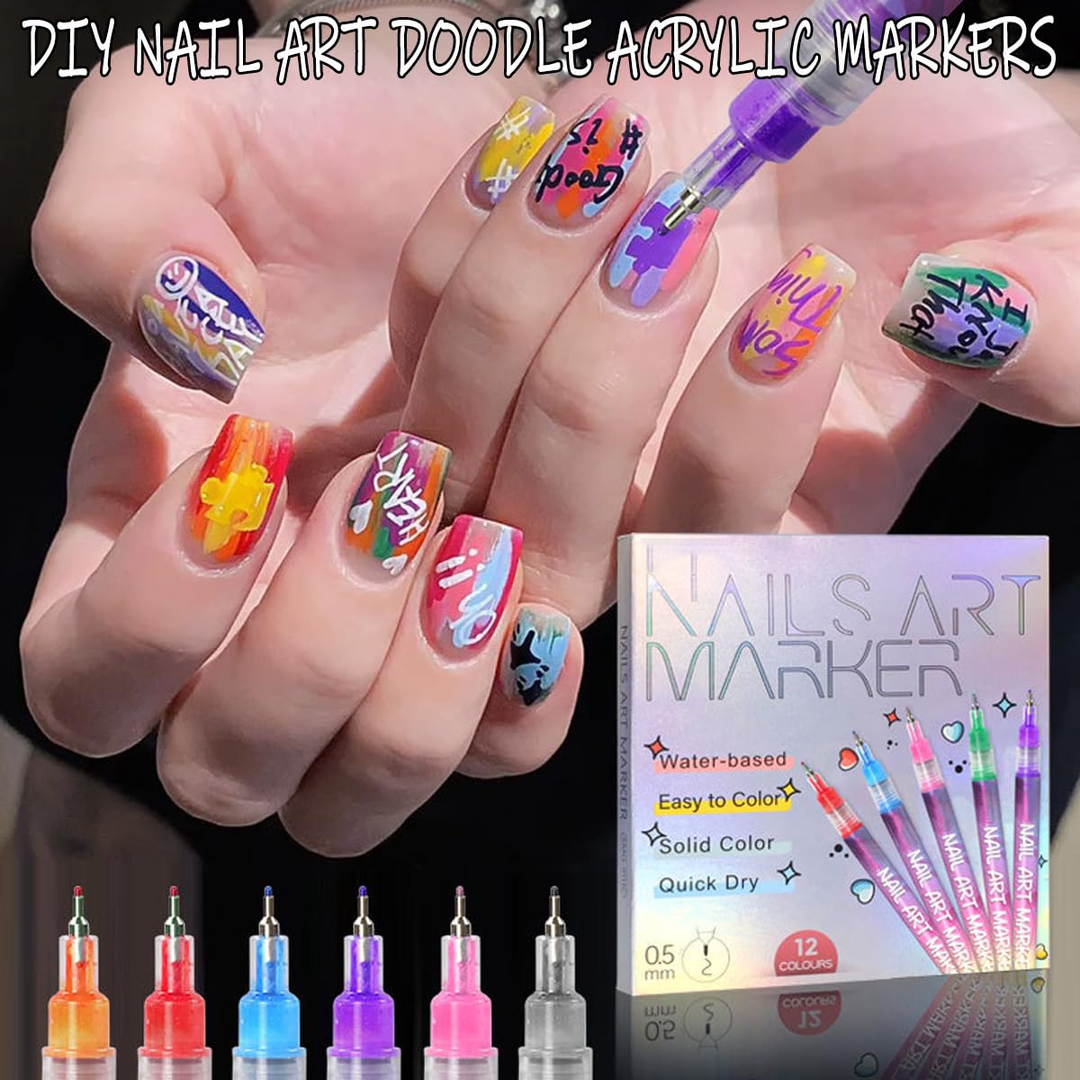 12 Color Nail Art Pens, 0.5 MM Nail Polish Pens Set Drawing Painting Point Liner Acrylic Painted Pen Kit, Waterproof and Quick-drying Nail for DIY Nails Art Design Manicure Tools (12 Colors)