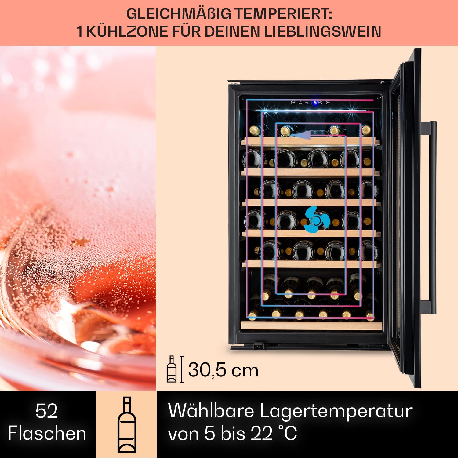 Klarstein Einbau-Weinkühlschrank, 137 L Getränkekühlschrank Schmal, 1 Zone Weinkühlschrank mit Glastür, Indoor/Outdoor Beersafe, Großer Kühlschrank, 5-22°C, 52 Flaschen