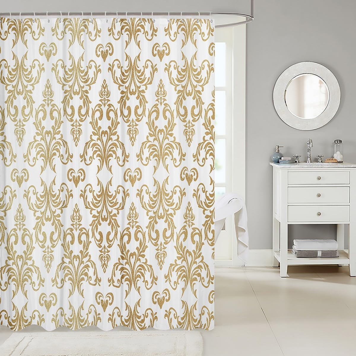 Feelyou Jacquard Damask Fabric Shower Curtain Damask Floral Shower Curtain for Adult Boys Girls Teens Boho Damask Bathroom Waterproof Accessories with 12 Hooks White Gold Curtains,72x78 Inches