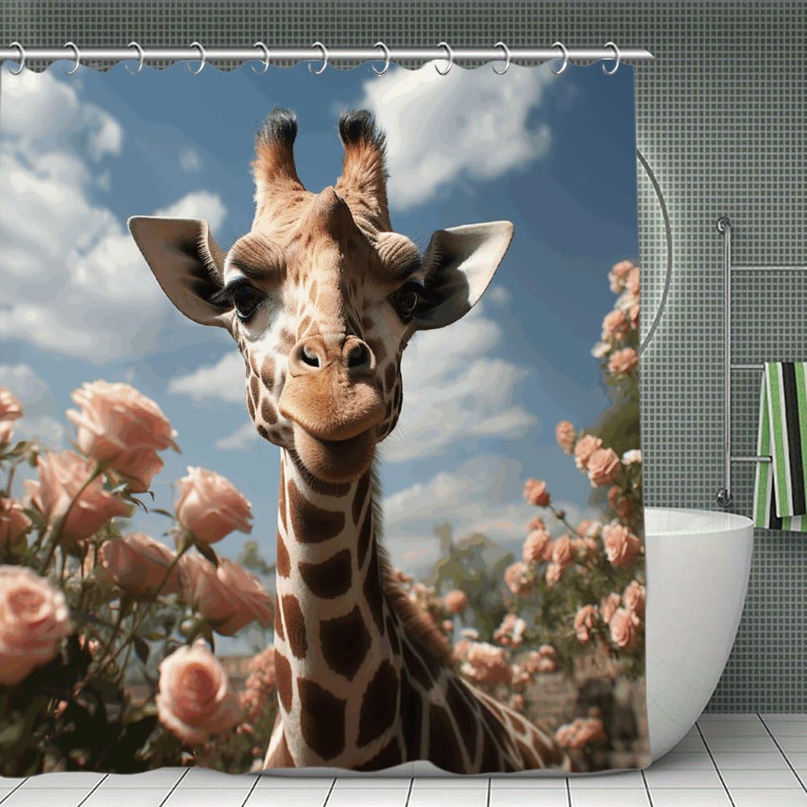 FekiLoot Beautiful Giraffe Shower Curtain with Hooks Modern Farmhouse Bathroom Curtain Waterproof Cloth Bath Curtains Cute Washable Blackout Privacy Curtains for Bathroom Bathtub 70.8"x70.8"