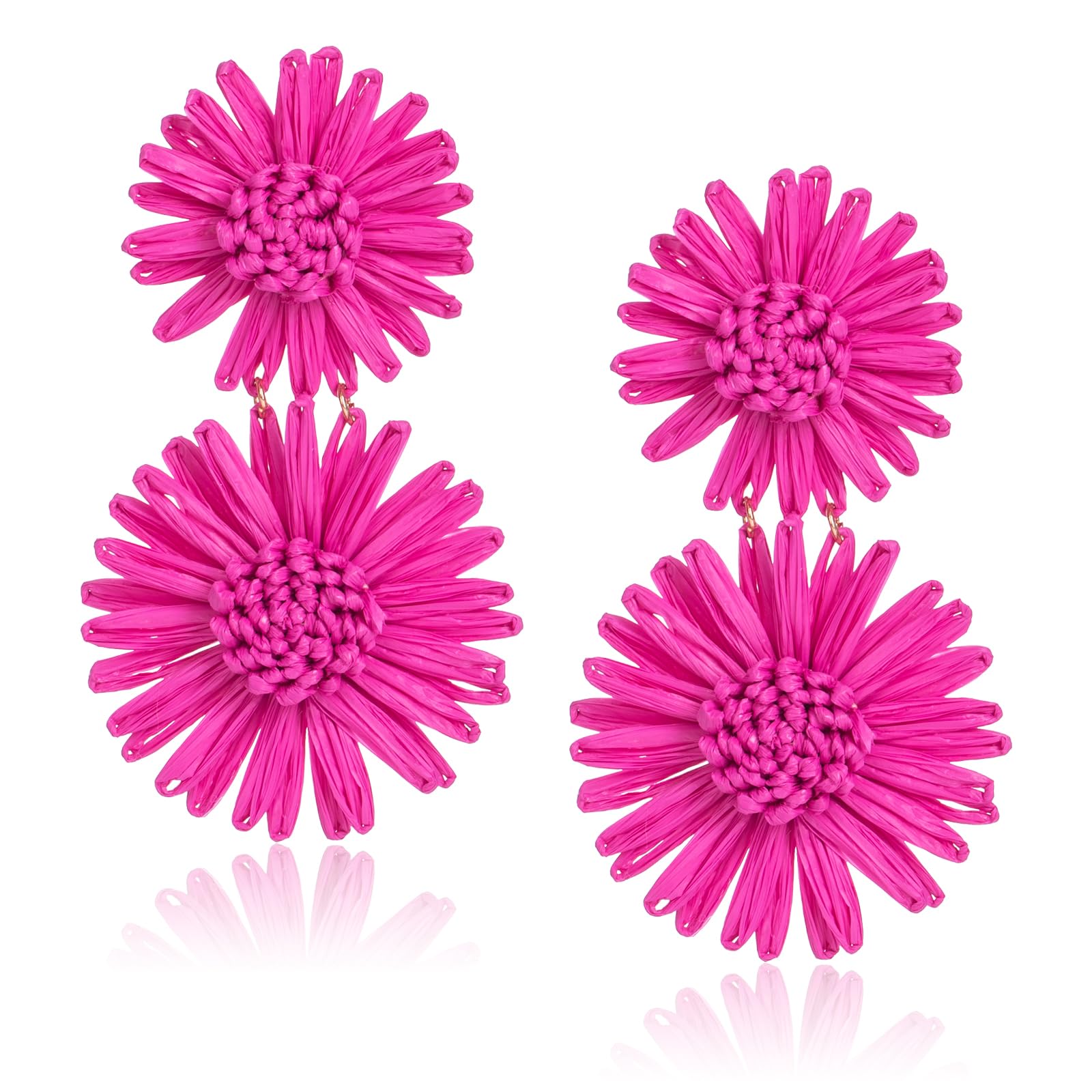 Raffia Flower Drop Earrings Daisy - Boho Statement Floral Dangle Earrings for Spring Summer Beach Vacation