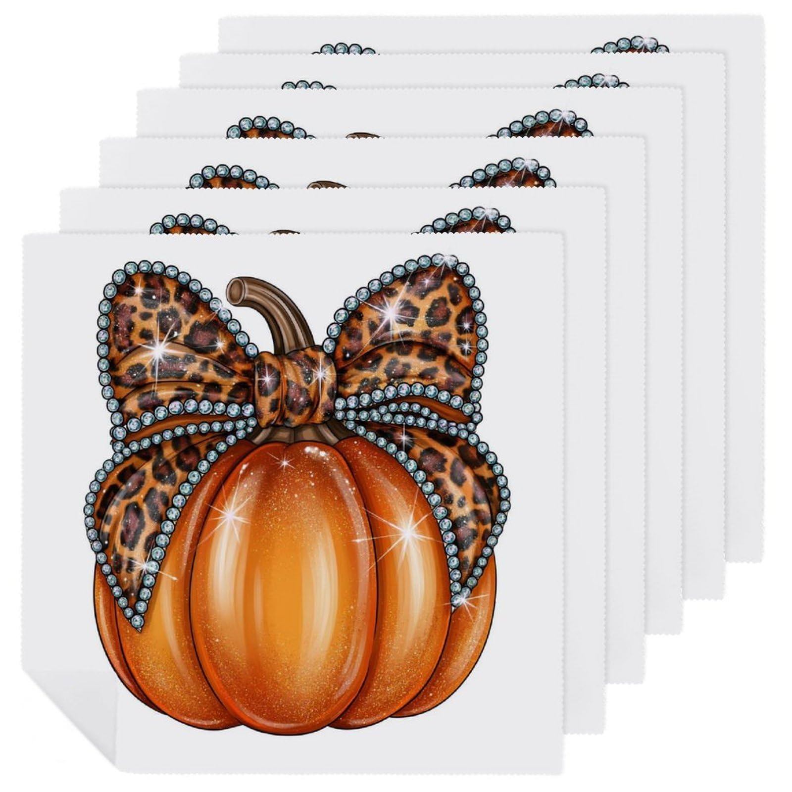 Orange Pumpkin with Leopard-print Bow Cloth Napkins Set of 6, Square Premium Reusable Washable Polyester Table Linen Napkin for Dinner Party