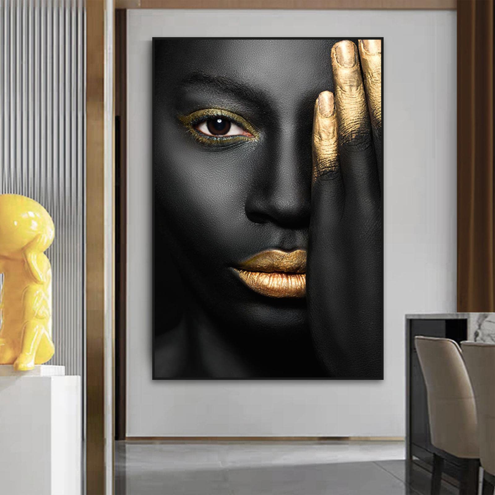 Amazon.co.jp: 半分覆われた顔黒人女性の肖像画キャンバス絵画金の唇と