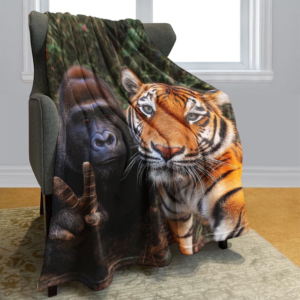 60"x80" Fun Gorilla Tiger Blanket, Soft Cozy Fleece for Couch Sofa Bed - Image 2
