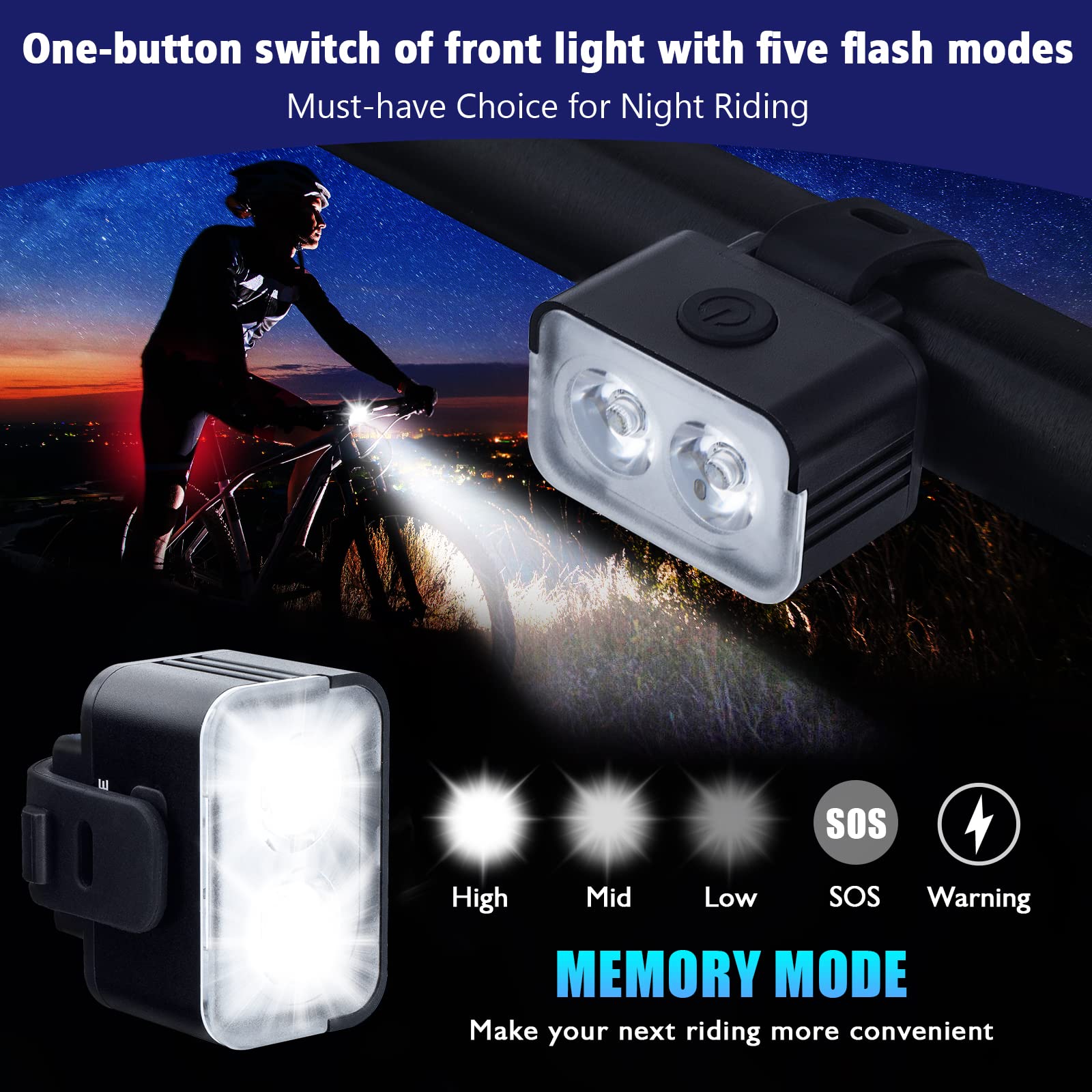 Potente set di luci ricaricabili per bicicletta – Smart Multi-Mode, Ultra Luminoso, Luci Anteriori e Posteriori, con Luci di Inondazione, Impermeabile Set di Luci Posteriori per Fari