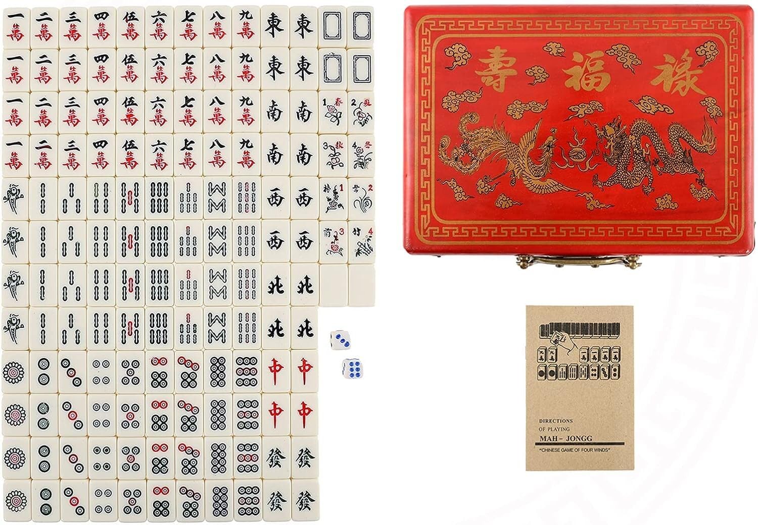Mini Chinese Majong Set Solid Mahjong Game 144PCS Mahjong Tile Set 2PCS Dadi e Custodia in Pelle(8.7''X4.3''X5.9'')