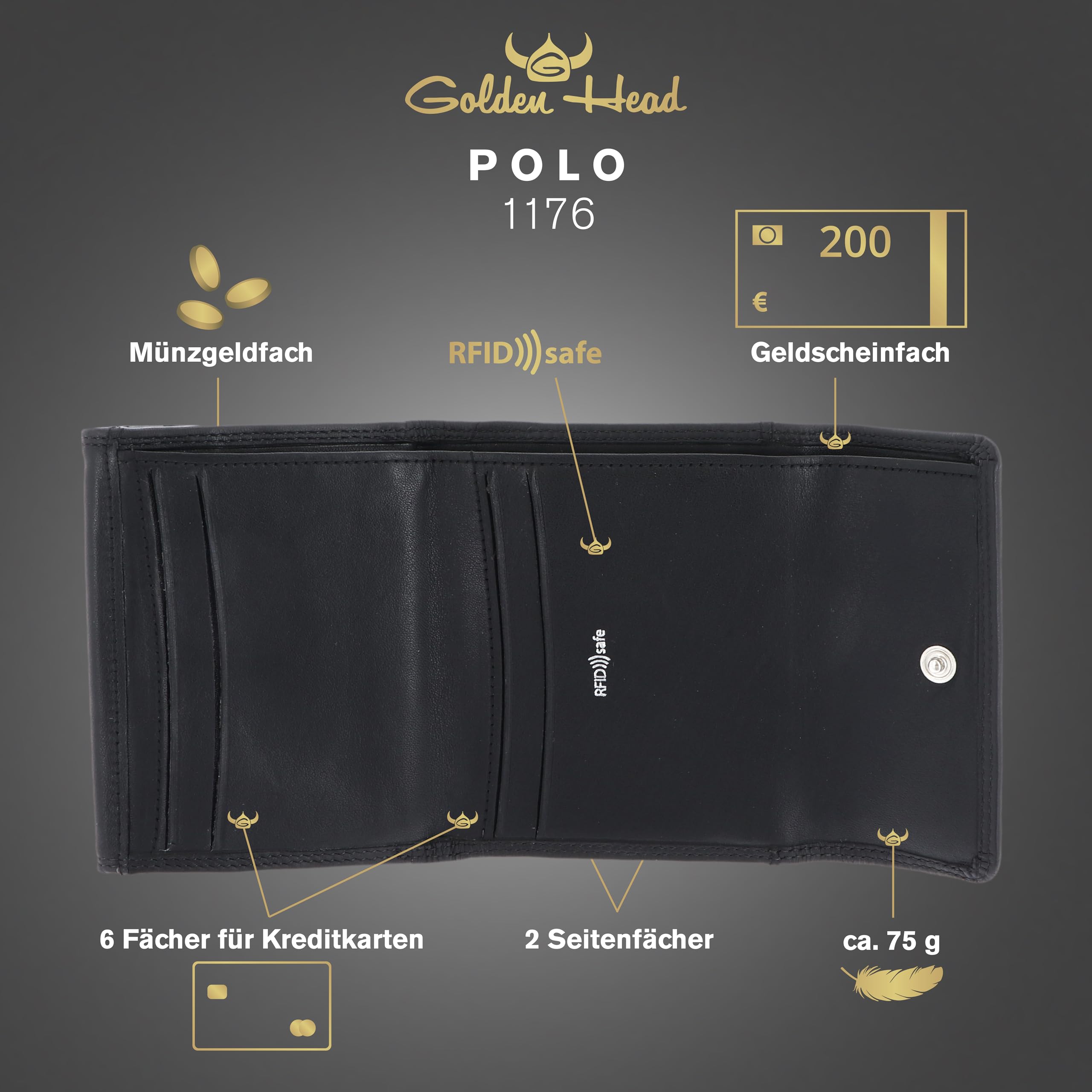 Golden Head Leder Geldbörse Polo RFID Protect Überschlagbörse 1176 Schwarz