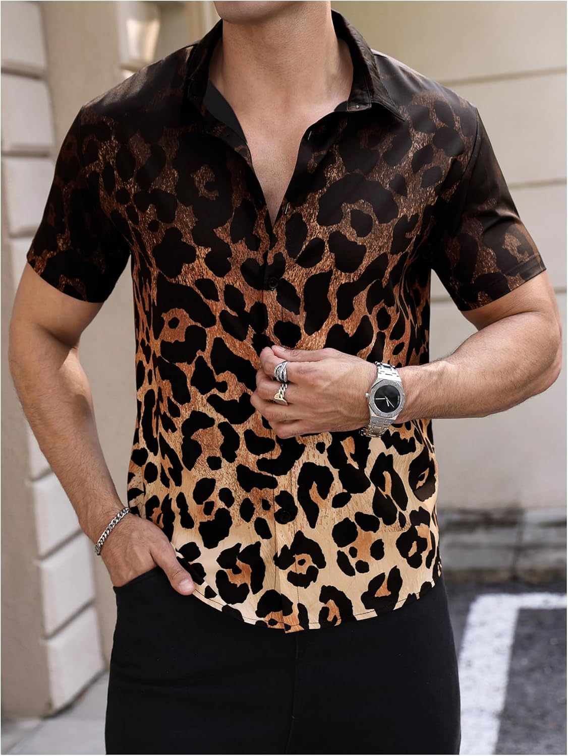 Men's Boho Leopard Shirts Cheetah Button Down Casual Tee Western Short Sleeve Summer Vintage 70s Disco Going Out Top Multicolor X-Large - Image 3