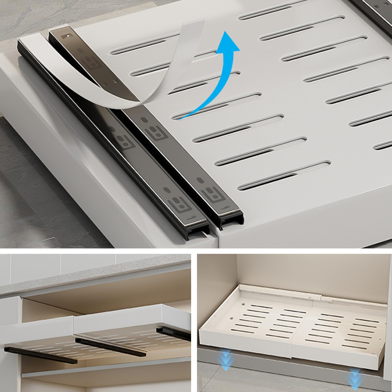 Teleskopschublade Küche Ausziehbare Schublade für Schrank Ohne Bohren Einstellbare Breite 32-52cm Metall Pull Out Cabinet Organizer mit Klebeband Slide Out Drawer (Weiß, 1pack)
