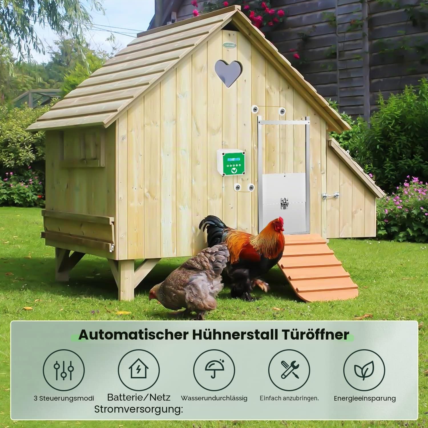 Automatischer Hühnerstalltüröffner mit Timer & 2 Fernbedienungen, Batterie- oder Solarbetriebenes IP65 Wasserdichtes Geflügeltür-Hebesystem