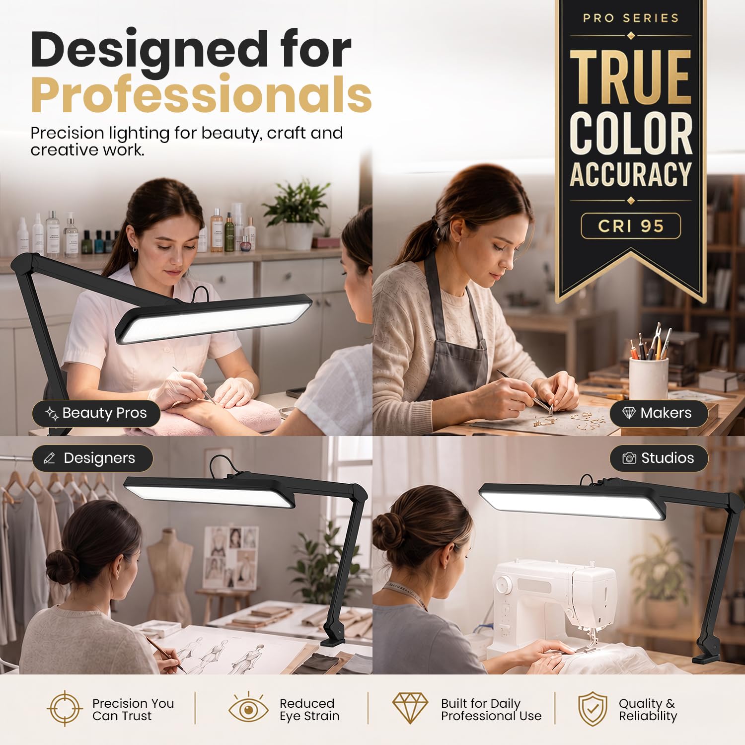 Neatfi Pro Series XL Lámpara LED Profesional de Trabajo – Alta Fidelidad de Color (CRI 95) | 2.500 Lúmenes, 30 W | Cabezal Ancho de 56 cm | 5 Modos de Iluminación | Regulable | Brazo Ajustable (Negro)