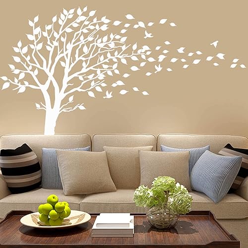 Miniatura 1 de Pegatinas de pared de árbol blanco con diseño de hojas que soplan en el árbol de viento pegatinas de pared de vinilo para niños habitaciones de