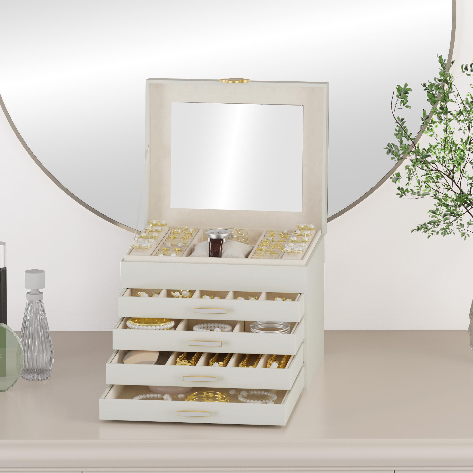 AdelDream Schmuckkästchen mit 5 Ebenen, Schmuckaufbewahrung großem Spiegel | Schmuckverschluss,flexible Facheinteilung für Ringe, Ohrringe, Halsketten, Uhren und Accessoires Weiß