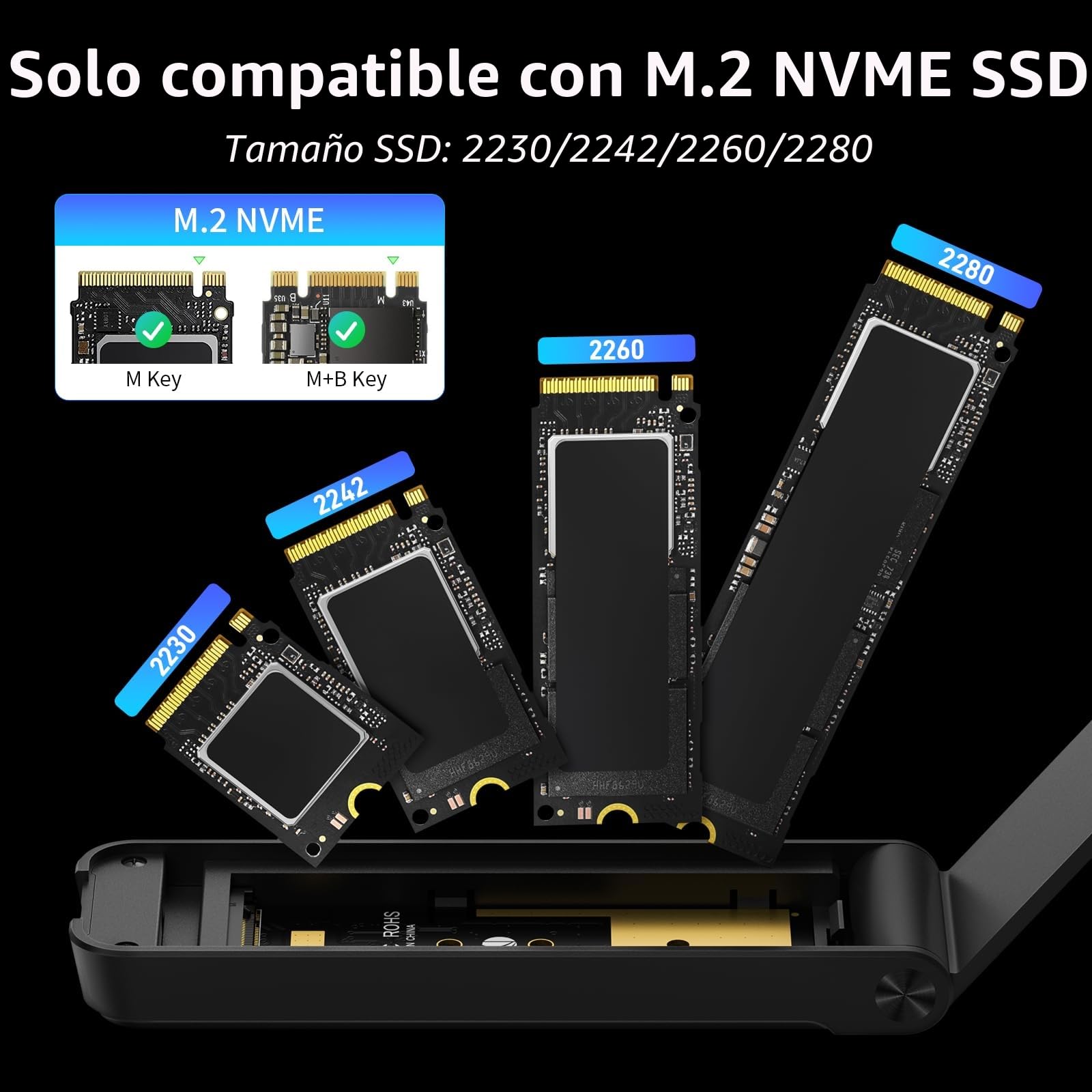 FIDECO Carcasa M.2 NVMe SSD, 10Gbps USB 3.2 Gen 2 Caja Disco Duro para M.2 NVMe PCIe M Key B+M Key, Diseño de Sándwich, Instalación Sin Herramientas, Soporte UASP y Trim