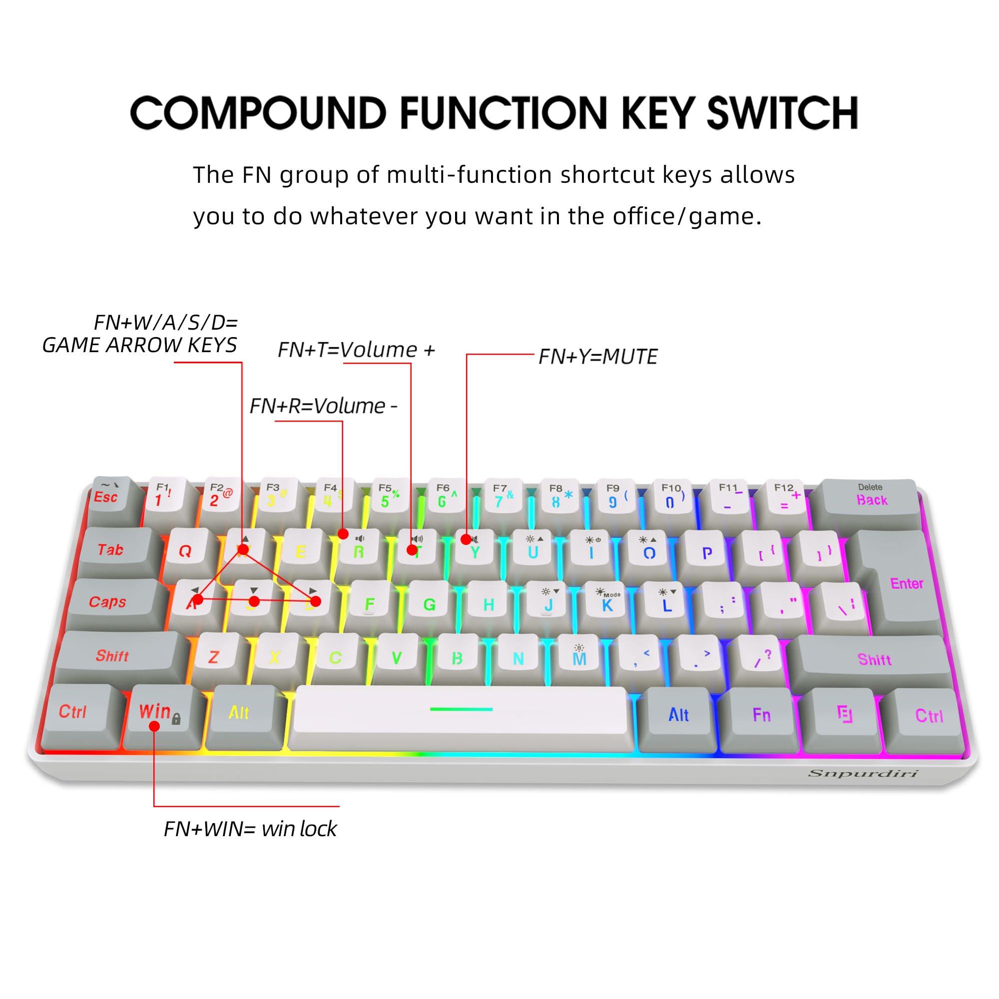 Snpurdiri 60% Wired Gaming Keyboard, 61 Keys RGB (Grey-White) view 4