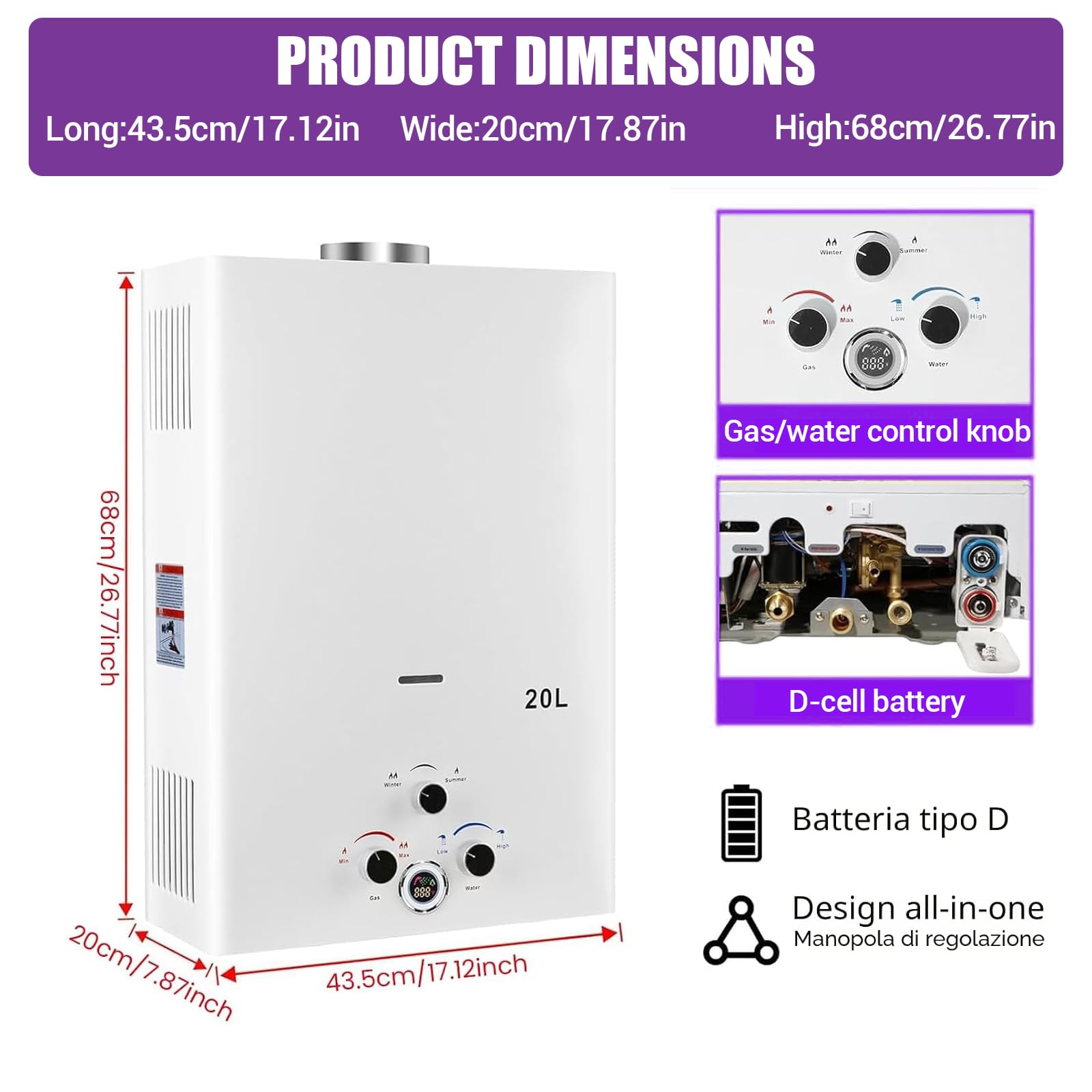 20L Scaldabagno a Gas Portatile, Scaldino a Gas da Esterno con Modalità Inverno/Estate, Display Digitale e Protezioni Multiple, per Casa, Campeggio e Camper