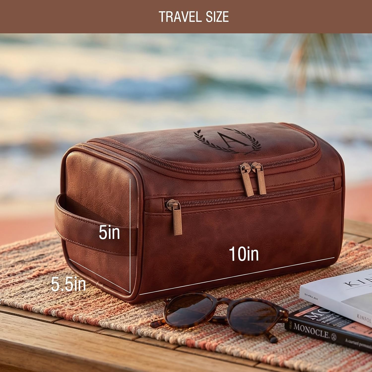 Janhavi Travel Toiletry Bag For Men Waterproof, Personalized PU Leather Engraved Initials & Wheat, Mens Dopp Kit Hanging Shaving Bag, Birthday Groomsmen Gifts for Him(Medium, Red Brown, A)