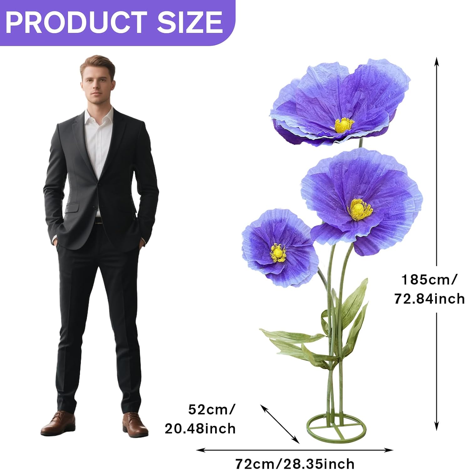 Large Purple Artificial Poppy Flowers, Giant Faux Flower Decor image 3