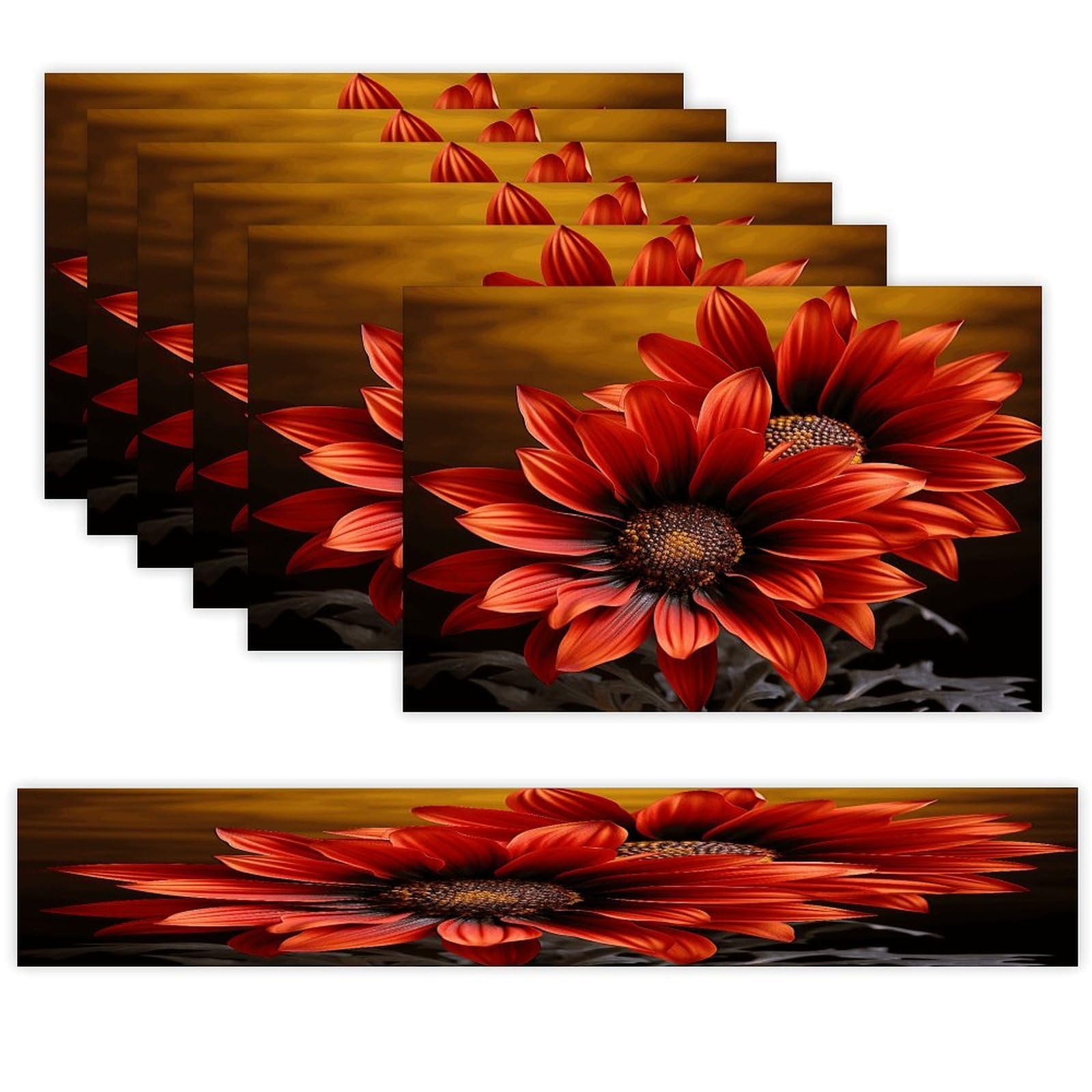 Red Sunflower Table Runner and Placemats of 6 Washable Heat Resistant Place Mats with Table Runner Vintage Holiday Table Mat Set for Holiday Party Kitchen Dining Deco