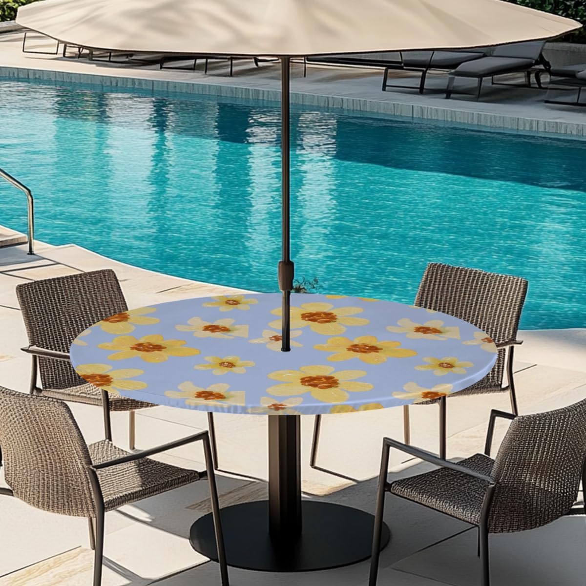 Flower Yellow Blue Round Outdoor Table Cloth with Umbrella Hole Flower Beautiful Outdoor Round Fitted Tablecloth with Elastic Edge Waterproof Circle Table Cover for Patio Garden Picnic (45-56 in)
