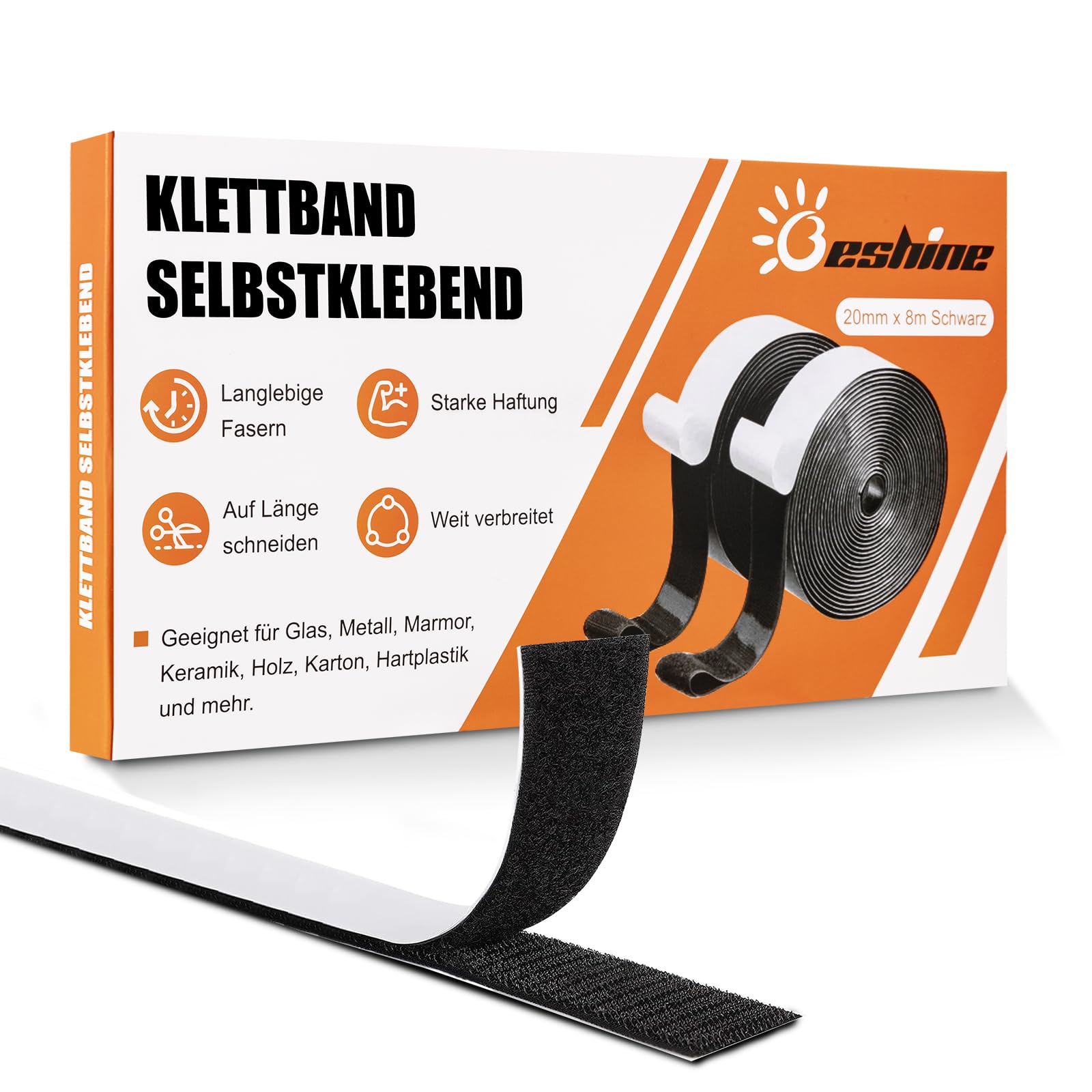 Beshine Klettband selbstklebend, 20mm x 8m Premiumqualität Doppelseitiges Klebeband mit Klettverschluss Selbstklebend und Hakenband(Schwarz)
