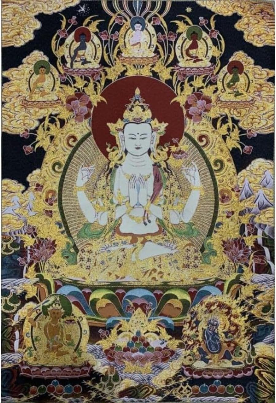Thangka Silk Embroidery Tibetan Buddhism 4 Arms Guanyin Tangka Yoga Buddhist Tapestry Wall Hanging Wall Art Home Decor Tapestry Meditation