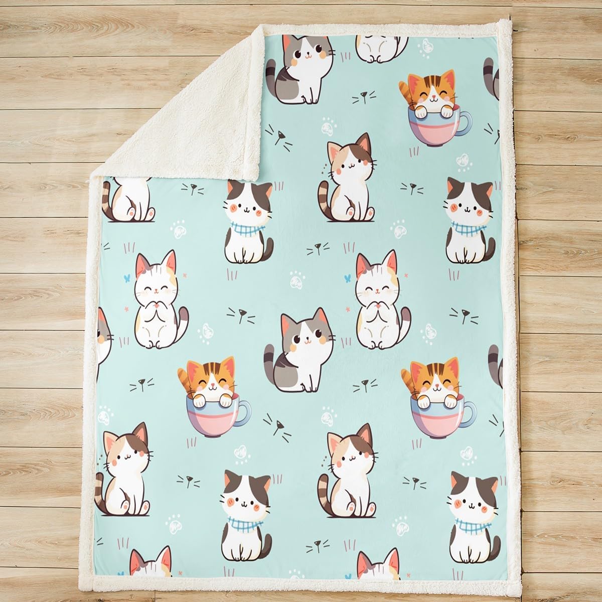 Feelyou Cartoon Cat Sherpa Blanket for Kids Kitten Cat Plush Blanket for Bed Sofa Couch Pet Cats Fleece Throw Blanket Animal Fuzzy Blanket Queen 90"x90"