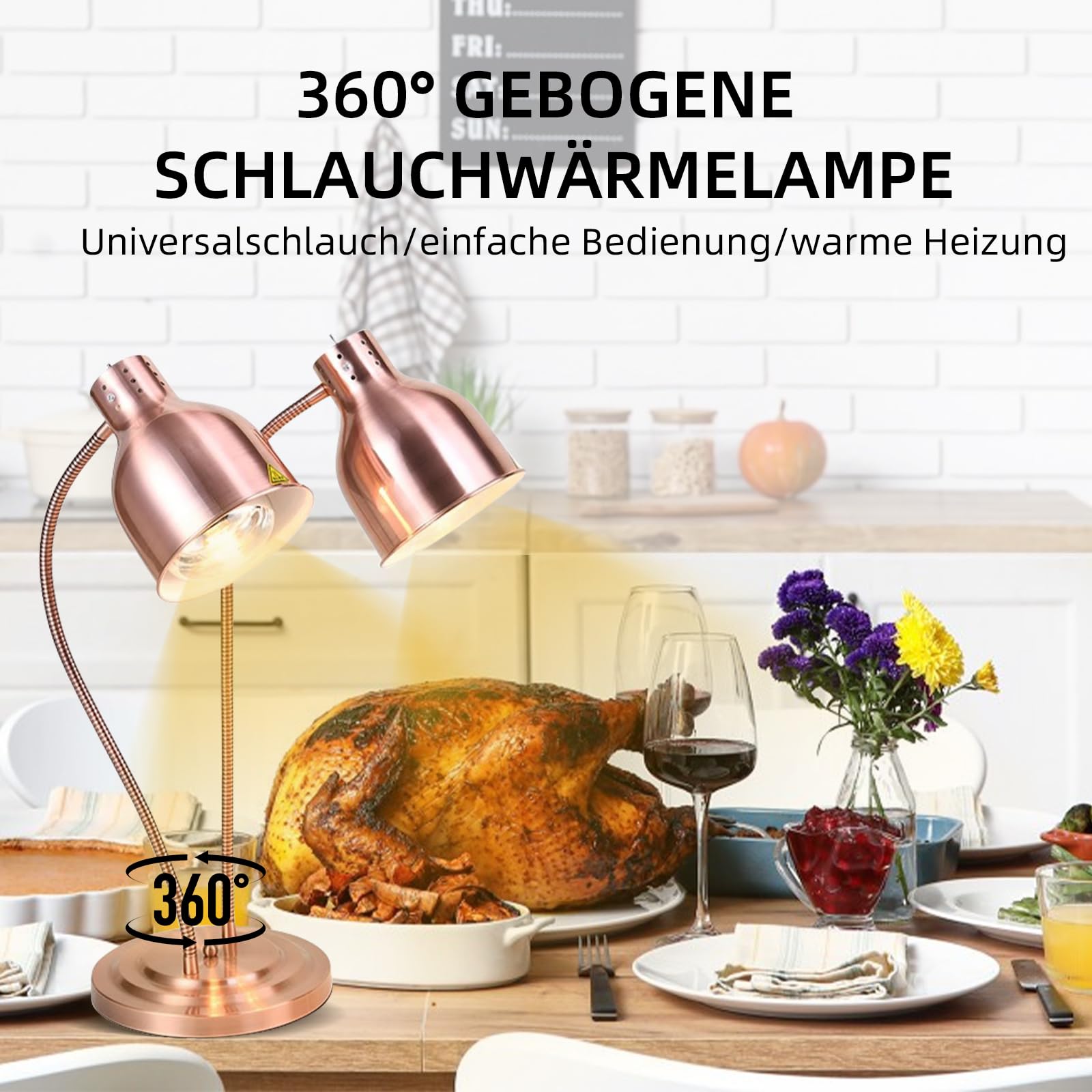 Lampada riscaldata da cucina, 250 W, lampada a infrarossi, doppia testa, autonoma, per buffet, sala da pranzo, hotel commerciali, mantenimento caldo degli alimenti (oro rosa)