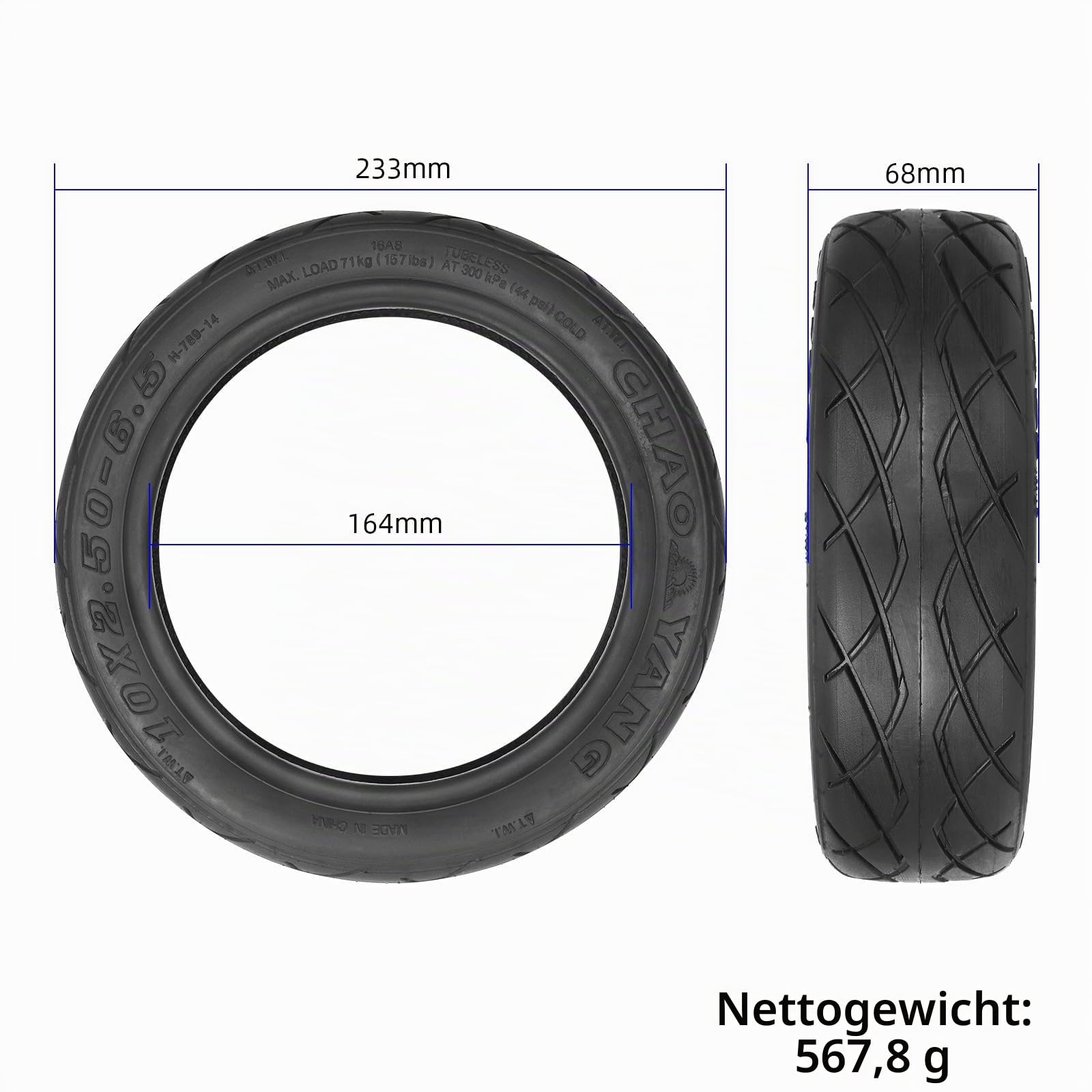 10x2,50-6,5 schlauchloser Reifen 10 Zoll Tubeless Reifen für ODYS Neo e100 Elektroroller Zubehör Explosionsgeschützte Verdickte Straßenreifen Ersatzräder (2 Stück)