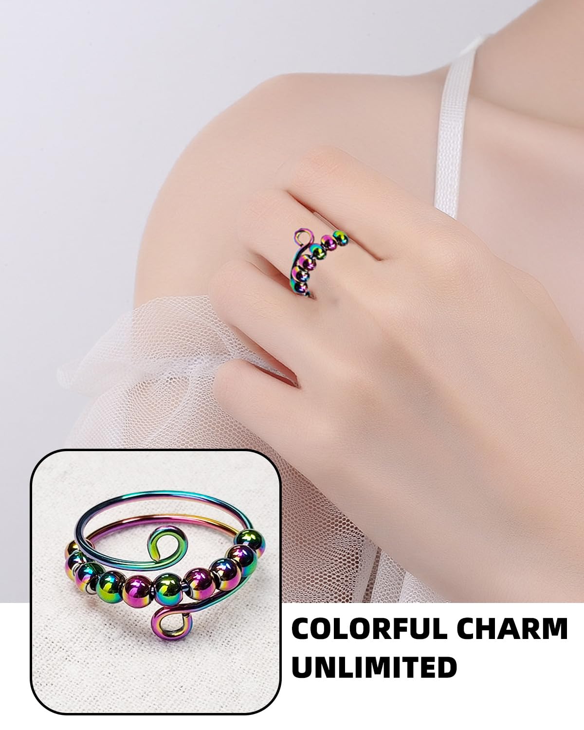 Pack de 7 anillos antiestrés ajustables, alivio de la ansiedad y anillo antiestrés colorido, juego de anillos de ansiedad, hilado de ansiedad con cuentas, spinner abierto para mujeres