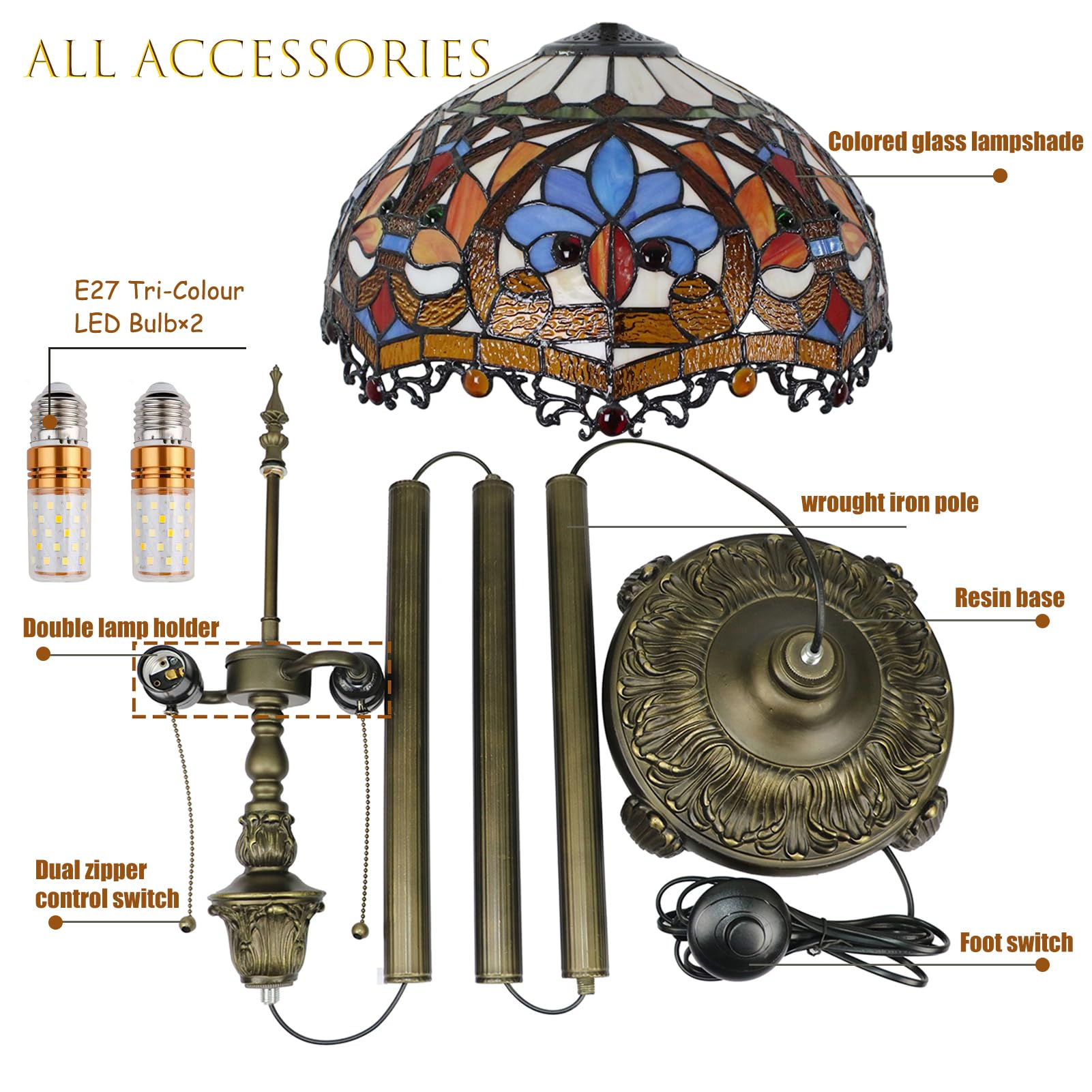 Tiffany Style 16" Lampa Podłogowa Witrażowy Klosz Wysoka Standardowa Lampa Do Czytania Oświetlenie Art Deco Sypialnia Salon Gabinet Restauracja Lampa Wolnostojąca Prezenty - Przełącznik Ped(Color:C-6)