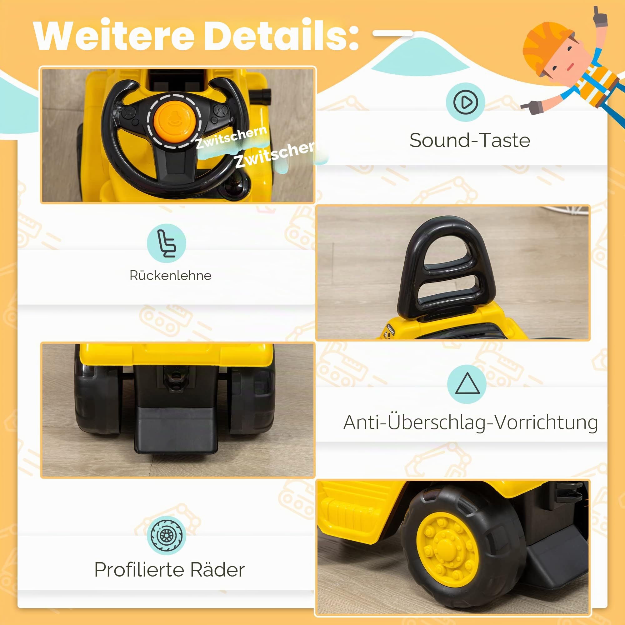 HOMCOM Traktor für Kinder von 3-4 Jahren mit Gabelstapler, Knopf für Geräusche und versteckter Stauraum, aus PP und ABS, 86 x 27,5 x 47,5 cm, Gelb und Schwarz
